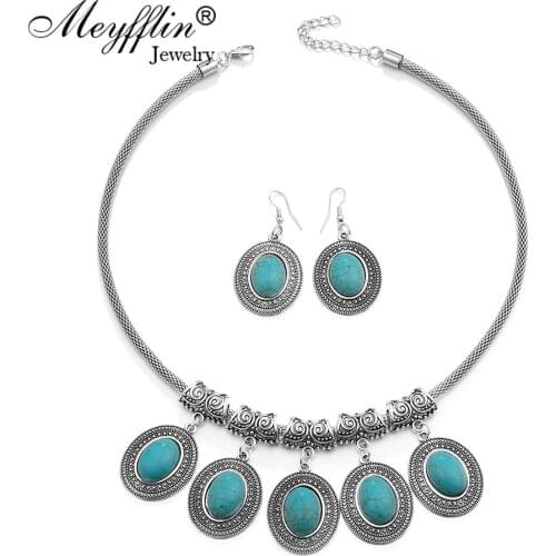 Meyfflin Bohemian Jewelry Sets Fashion Geometric Silver Color Stone Carved Flower Statement Necklace and Earring Sets Party