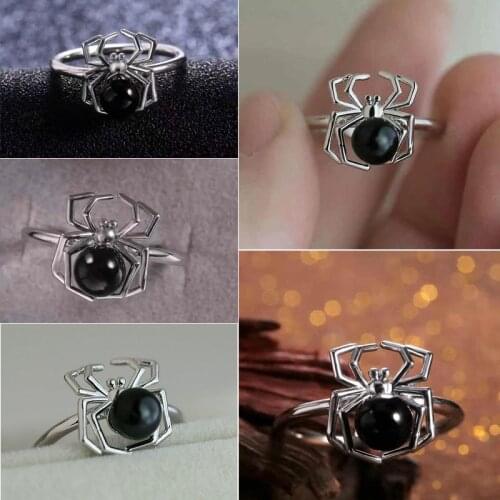 Creative Unisex Black Crystal Spider Finger Ring Silver Color Ring For Women Men Female Wedding Ladies Halloween Hip Hop Jewelry