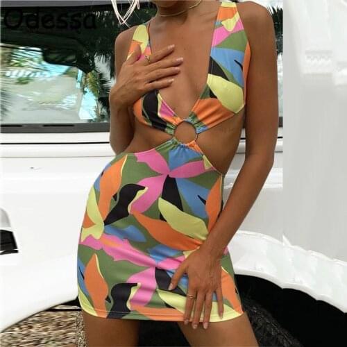 Odessa Hollow Out Sexy Print Bodycon Mini Dress Women Y2K Patchwork Party Dresses Ladies Backless Summer Beach Vestidos 2021