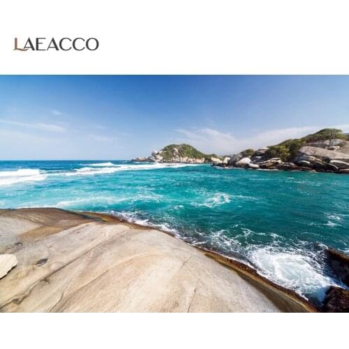 Laeacco Blue Sea Waves Stone Trees Natural Scenic Photography Backdrop Blue Sky Child Holiday View Photo Background Photo Studio