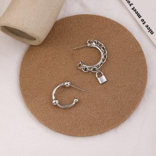 Small Fresh Lock Multi-Layer Chain Circle Semicircle Stud Asymmetrical Simple Personality Earrings