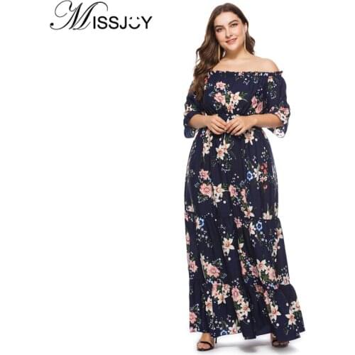 MISSJOY Women Plus Size Dress Sexy Off Shoulder 2020 Polka Dots Floral Printed Bohemian Casual Party Long Maxi Dresses