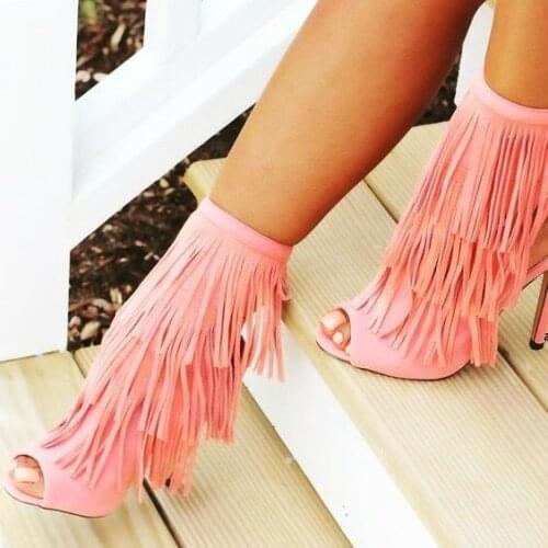 Fringe Stiletto Tiered Boots Peep Toe Tassel Cut Out High Heel Ankle Buckle Stitched Trim Graceful Shoes Party Runway Short Boot