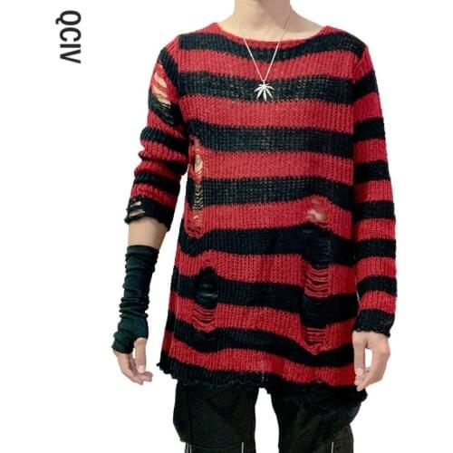 Punk Gothic Cool Male Striped Long Sweater Man Stretch Thin Pullover Broken Sweaters Hollow Out Slit Spring KnitTop Jumpers