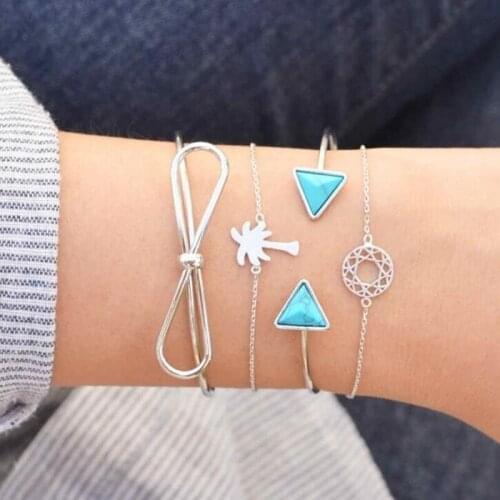 4PCS/SET Geometric Bracelets Set Coconut tree Bow Triangle Bangles Bracelets for Women Girls Wrist Chain Bracelet Jewelry Gifts