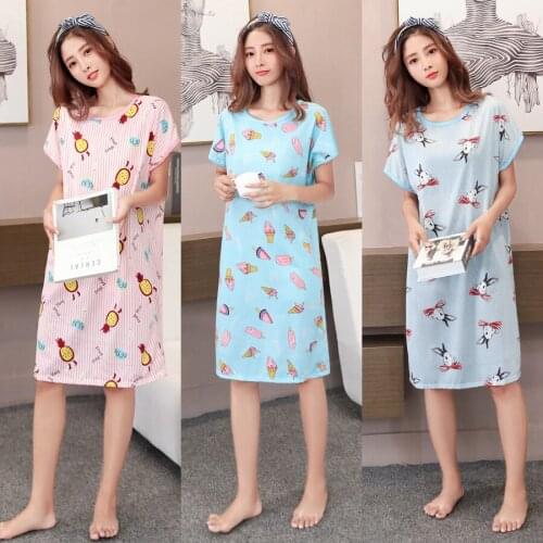 Casual nightdress female summer cotton short sleeve sweet fresh pajamas female cute cartoon loose home service thin section