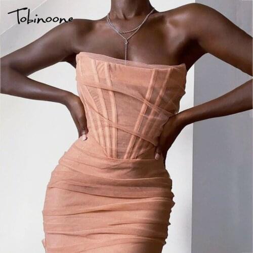 Tobinoone Solid Mesh Pink Mini Dress Women Strapless Sleeveless Backless Ruched Bodycon Dress Sexy Backless Summer Vestidos 2021