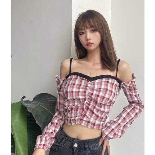 Autumn Gothic Red Plaid Sexy T-shirts Women Harajuku Leaky Shoulder Long Sleeve Fashion Female Exposed Umbilicus Top
