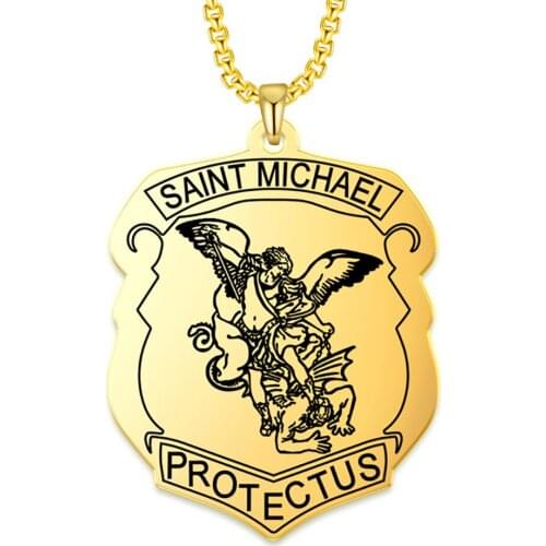 Stainless Steel Saint Michael Protectus Angel Pendant Necklace Jewelry Dog Tag Men Punk Rock Necklace Sign Jewellery with Chain