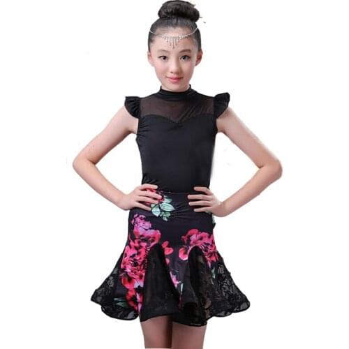 Flower Print Girls Latin Dance Fringe Dress Kids Ballroom Competition Evening Party Stage Performance Clothing Top+Skirt Set