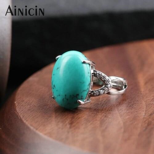 Natural Blue Turquoise Oval Shape Prong Setting Adjustable Finger Rings For Fashion Women Gift Party Jewelry 13x18mm Cabochons