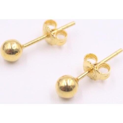 Real 18K Yellow Gold Stud Earrings For Women Smooth 4mm Ball Earrings Simple Style Lucky