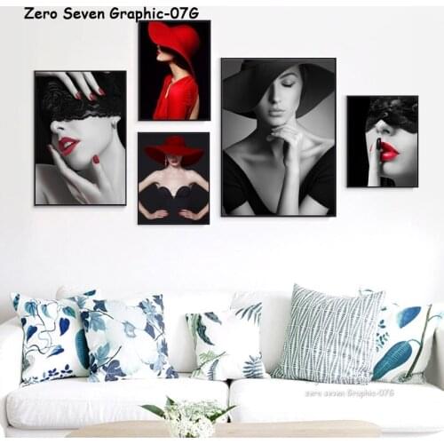Modern Black White Fashion Woman With Sexy Red Lip Portrait Art Canvas Poster Print Wall Art Picture For Salon Decoration