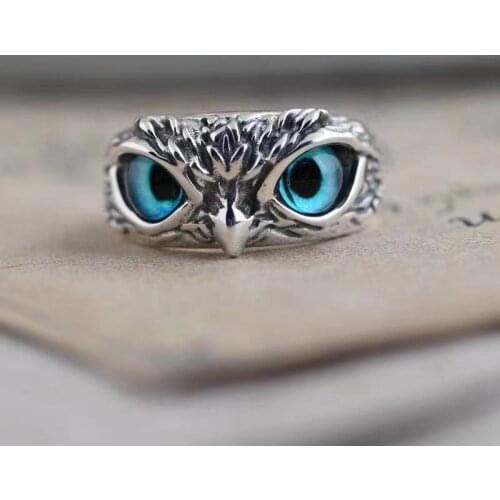 Vintage Blue Owl Eyes Cute Rings Men and Women Personality Silver Color Wedding Engagement Party Rings Creative Jewelry Gifts