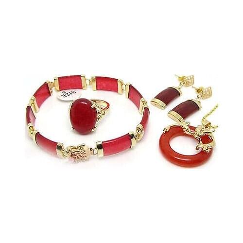 Jewelry KGP Gold Plated Red jade pendant earrings bracelet Ring Set gold plated watch Quartz stone CZ crystal