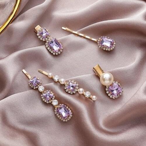 Korean Style Purple Crystal and Pearl Hair Clips Hair Pins Hair Jewelry for Women Fashion Bride Wedding Accessories 2020 New