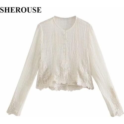 SHEROUSE Fashion Textured Shirt Tops with Lace Women Long Sleeves O-neck Blouse Casual Chic Lady Shirts Woman blouses femme