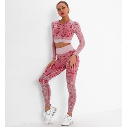 Women Yoga Set Leopard Seamless Two Pieces Set Long Sleeve Crop Top Tshirt Booty Workout Gym Leggings Pants Tights Sport Suit