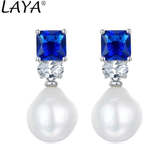 925 Sterling Silver Fashion Natural Baroque Pearl Created Sapphire Drop Earrings For Womens Wedding High Quality Jewelry Gifts