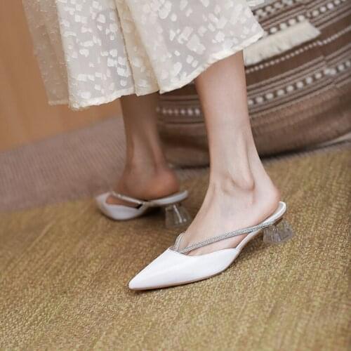 Half Slippers Summer Fashion Snake Pattern Women Sandals Square Heeled Sequined Pointed Toe Brand Design 2021 Shoes Woman