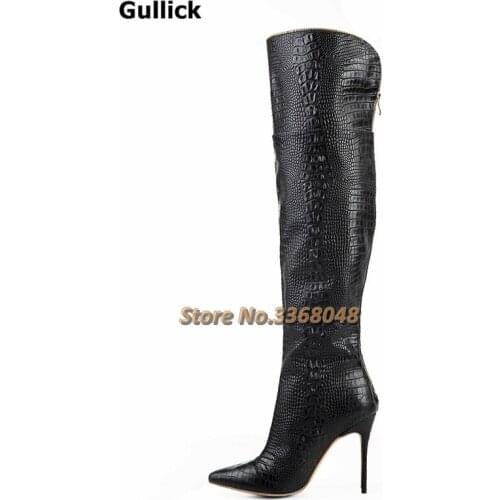 Women Winter over the knee Boots Hot Selling Black Cobra Boots Pointed Toe High Heels party Fashion Shoes Zipper Black Leather
