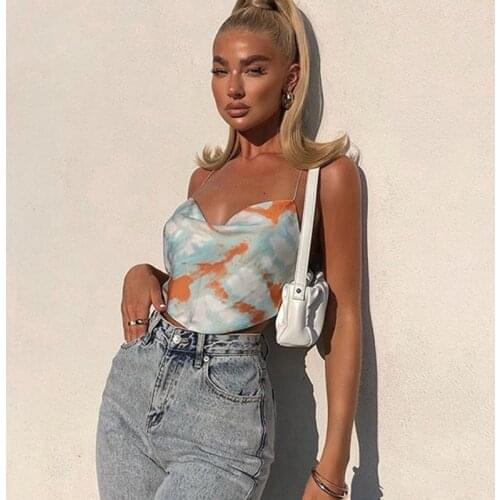 Julissa Mo Satin Print Sexy Backless Crops Tops Women Spaghetti Strap Bandage Cute Tops Summer Sleeveless Slim Vest Streetwear