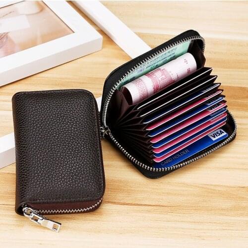 Genuine leather Men card wallet Multi function Zipper Coin rfid wallet Short Small Womens card holder New Womens cardholders