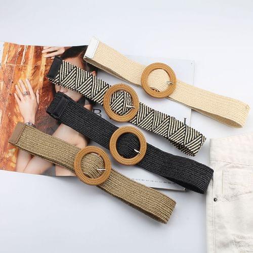 Womens Imitation Straw Woven Belt Womens Round Square Buckle Dress Decorative Belt