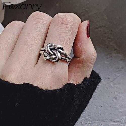 Foxanry Minimalist 925 Sterling Silver Rings for Women Fashion Vintage Handmade Knotted Geometric Birthday Party Jewelry Gifts