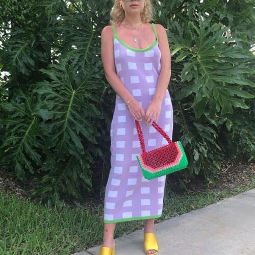 Y2k Sexy Dress 2021 Womens Vintage Sleeveless Backless Robe Plaid Knitted Dresses Summer Tight Strap Casual Party Evening Dress