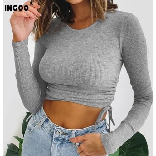 Winter Tshirt Women Crop Top O Neck Autumn Long Sleeve Side Drawstring Lace Up Solid Tops Sexy Knitted Elegant Cropped T-shirt