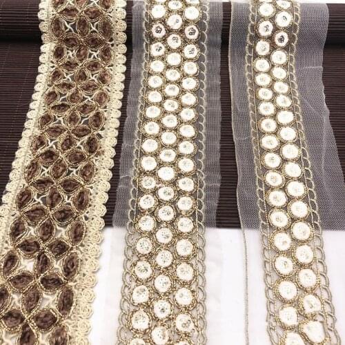 1yard Sequins Embroideried Lace Golden Trims Ribbon Ethnic Webbing Tapes for Clothes Bag Shoes Decor DIY Sewing Accessories