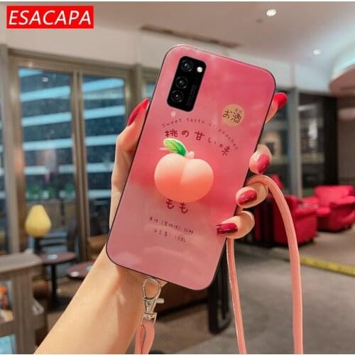 Cute 3D Peach Lanyard Necklace Phone Case For Huawei Honor V40 V30 P40 P30 Tempered Glass Cover For Honor 10X Lite X10 Max 20