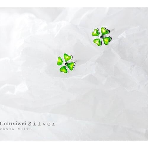 Colusiwei Genuine 925 Sterling Silver Green Enamel Heart-Shaped Clover Plant for Women Stud Earrings Korea style Fine Jewelry