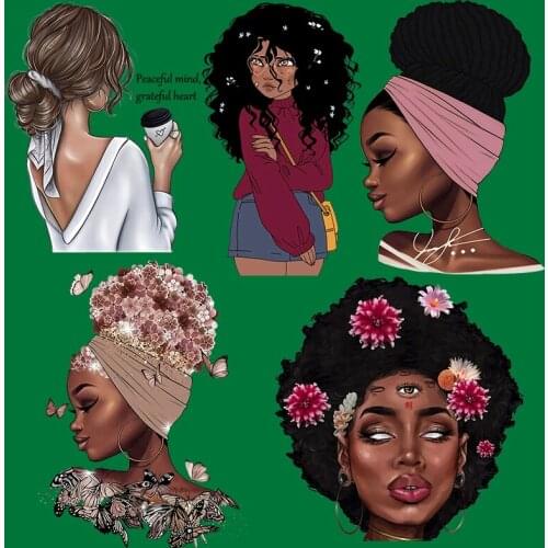 Flower Africa Black Girl Thermo Heat Transfer Sticker On Clothes DIY Women T-Shirt Iron On Patches For Clothing Applique Decor
