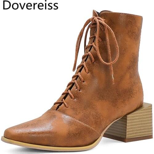 Dovereiss Fashion Womens Shoes Winter sexy Elegant Zipper red Square toe Cross tied Block heels Short boots Concise 33-48