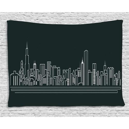 Chicago Skyline Tapestry Line Abstract Style Urban Silhouette Popular American Print Wall Hanging Black Background Tapestry