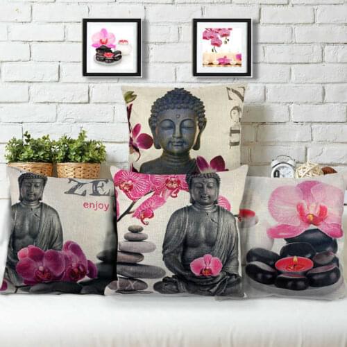 Cotton Linen Art Design Buddha Statue Pillow Cover Square Throw Pillow Cases 18"