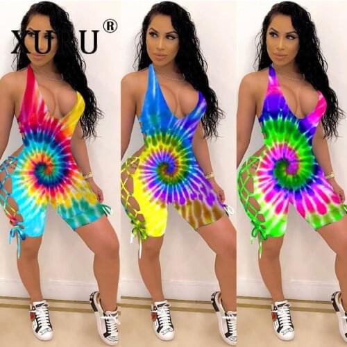 XURU Hot Selling Sexy Suspenders Hanging Neck Jumpsuit Tie-dye Printing Cutout Jumpsuit