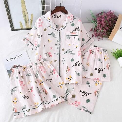 Summer Casual Pijamas Suit 3 Pieces Pijamas Women Cotton Lounge Wear Short sleeve Sleepwear Soft Nightwear Home Clothes