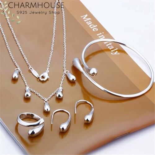 Charmhouse Silver 925 Jewelry Sets For Women Waterdrop Cuff Bangle Bracelet Necklace Ring Earrings 4 pcs Costume Jewelry Bijoux