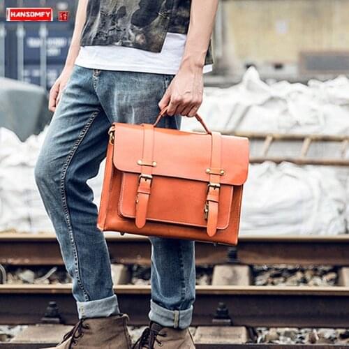 Leather Mens Handbags Shoulder Bag Male Briefcase Casual Messenger Bags Handmade Original Vegetable Tanned Leather Vintage Soft