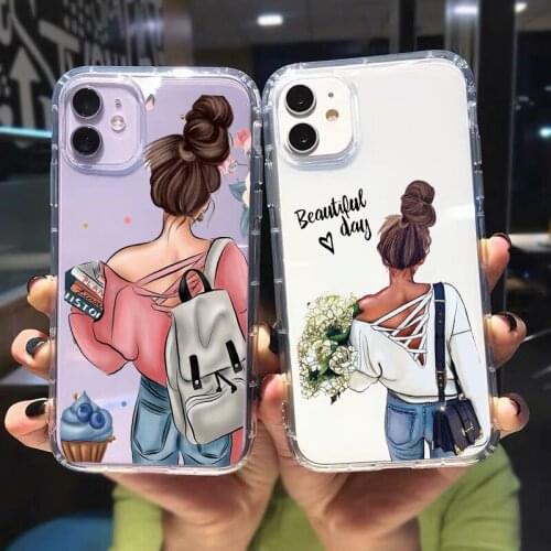 Fashion Two Girls Night Talk Clear Phone Case For iPhone 11 Pro MAX 12 XR X XS SE20 7 8 Plus Baby Women Mom Soft TPU Cover Coque
