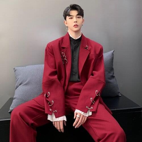 Men Streetwear Hip Hop Casual Blazer Jacket Male Vintage Fashion Lron Ring Suit Coat Spring Autumn New Overcoat Terno Masculino