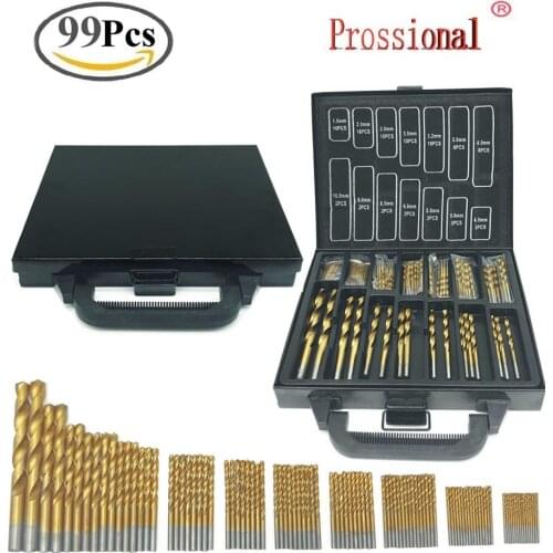 New 99PCS Iron Box packing HSS Twist Drill Bits Set 1.5-10mm Titanium Coated Surface 118 Degree For Drilling woodworking