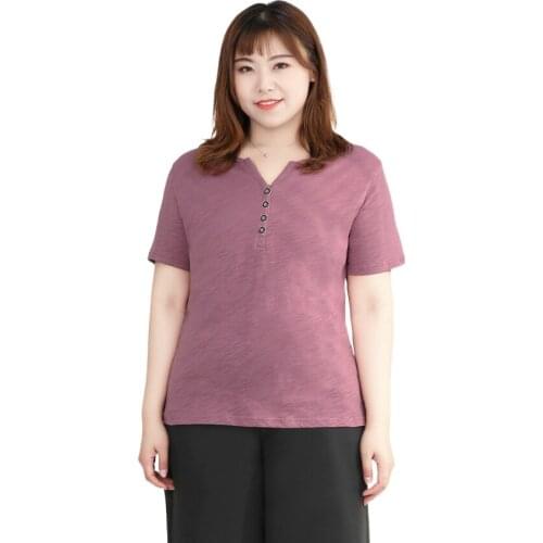Extra-large Size Short-sleeved Cotton Tops V-neck Casual Summer Shirts Women Blusas Mujer De Moda Solid Blouses T61029