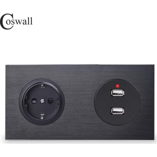 Coswall Luxurious Aluminum Metal Panel Black EU Standard Wall Socket With Dual USB Charging Port 2.4A Output 172*86mm R12 Series