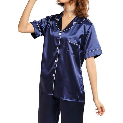 2-Piece Sexy Womens Long Sleeves Pajamas Satin Short V Neck Button Top Pants Smooth Soft Nightwear