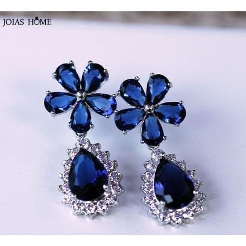 JoiasHome Silver 925 Earrings for Women Fine Jewelry Female Wedding Ear Drops Water Drop Shaped Gemstones Flower Zircon Sapphire