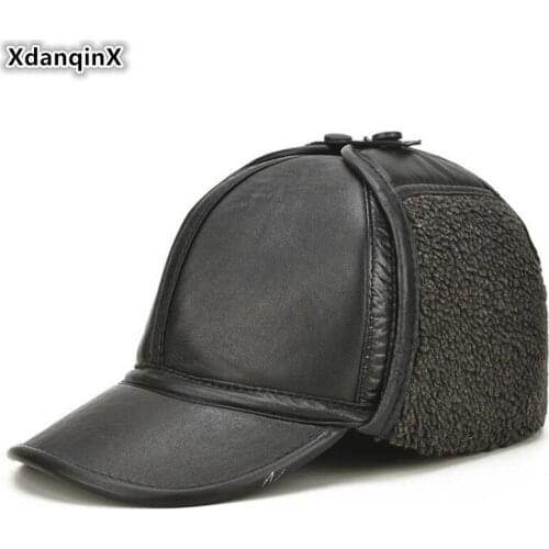XdanqinX Adult Mens Warm Thick Fur Hat Genuine Leather Cap Bomber Hats New Men Velvet Sheepskin Leather Earmuffs Hat Brands Cap